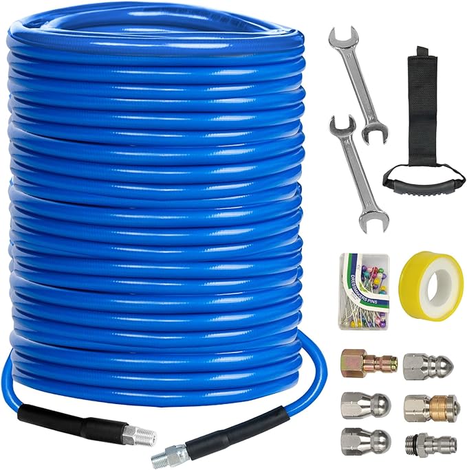 Xiny Tool Sewer Jetter Kit for Pressure Washer 200FT, 4000 PSI Drain Cleaner Hose 1/4 Inch NPT, Corner Rotating and Button Hose Sewer Jetting Nozzle Pearl Corsage Pin Tape Handle Strap Spanner, Blue