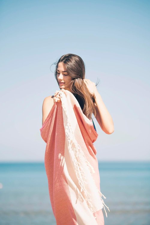 Bazaar Anatolia Turkish Beach Towel - 100% Cotton, Quick Dry, Sand-Free, Large 71x39, Herringbone Red