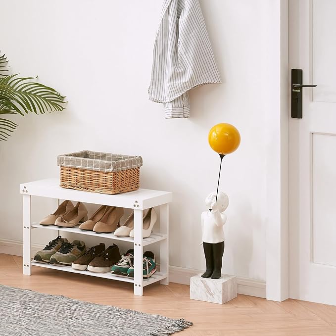 Apicizon Bamboo Shoe Rack for Entryway, 3-Tier Shoe Rack Bench for Front Indoor Entrance, Small Shoe Organizer with Storage, White