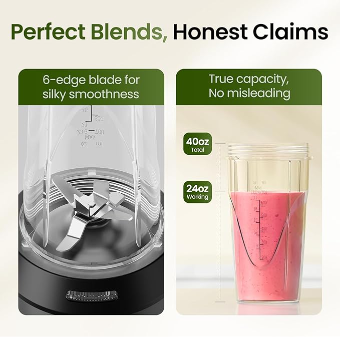 Personal Smoothie Blender - 1000W Single Serve Smoothie Maker with 24oz Portable Travel Cups, Ideal for Protein Shakes, Frozen Drinks, and Kitchen Use