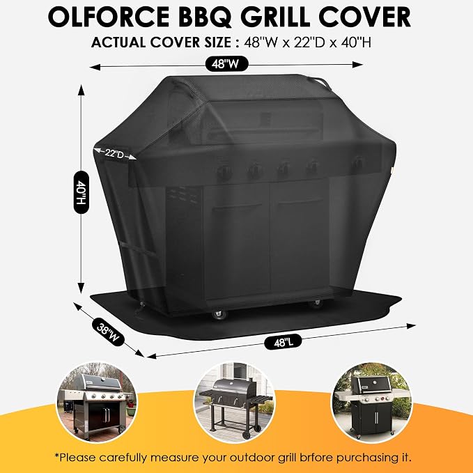 Grill Cover 48 Inch & Under Grill Mat,Grill Cover for Outdoor Waterproof Weather Resistant,UV & Fade Resistant, Compatible with Weber Nexgrill Charbroil Kenmore Gas Grill, Black