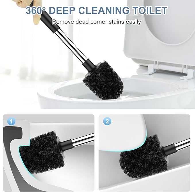 SetSail Toilet Brush and Holder 4 Pack, Self Closing Lid Toilet Bowl Brushes Holder Extra Long Handle Ventilated Toilet Brush Set for Bathroom Cleaning, Nylon Bristles, Black