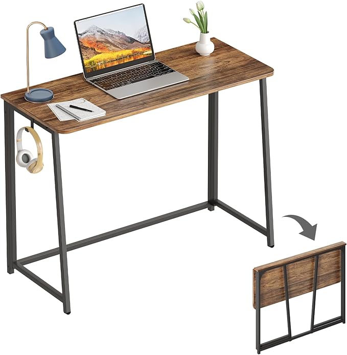WOHOMO Folding Desk, Small Writing Desk 39.4", Space-Saving Foldable Laptop Table Writing Workstation for Home Office, Easy Assembly, Rustic Walnut