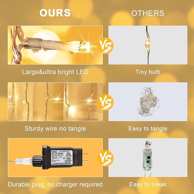 JMEXSUSS 300 LED Remote Control Curtain Lights, Plug in Fairy Curtain Lights Outdoor, Window Wall Hanging String Lights for Bedroom Backdrop Wedding Party Indoor Christmas Patio Dorm Decor, Warm White