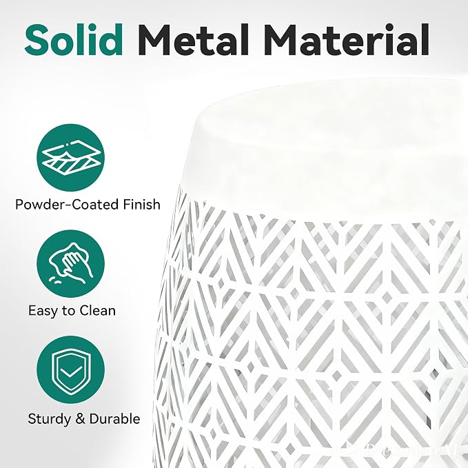 18" Cutout Metal Outdoor Side Table with 3-Mode LED Lights, Modern Decorative Drum End Table, Versatile Coffee Table/Garden Stool/Night Stand/Plant Stand for Patio, Living Room, Bedroom