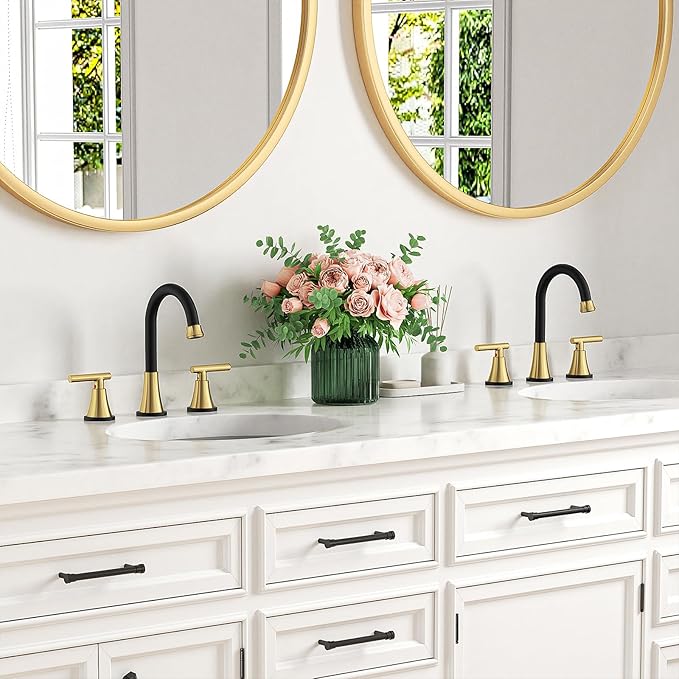 Bathroom Faucets for Sink 3 Hole, Hurran Black& Gold Bathroom Sink Faucet with Pop-up Drain and Supply Lines, Stainless Steel Lead-Free Widespread Faucet for Vanity RV, 2 Pack