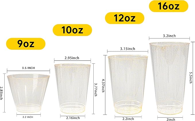 I00000 200pcs Gold Plastic Cups - 10 OZ Hard Gold Glitter Disposable Cups For Cocktail And Drinking - Premium Disposable Plastic Cup with Gold Glitter For Fancy Elegant Party Cup