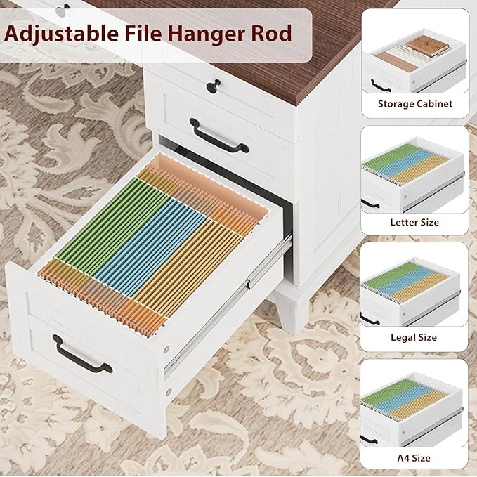 60 Inch Farmhouse Executive Desk with File Drawers for Home Office, Large Computer Desk with Storage Cabinet & Charging Station, Wooden Writing Table with Power Outlets & USB Ports for Work Study