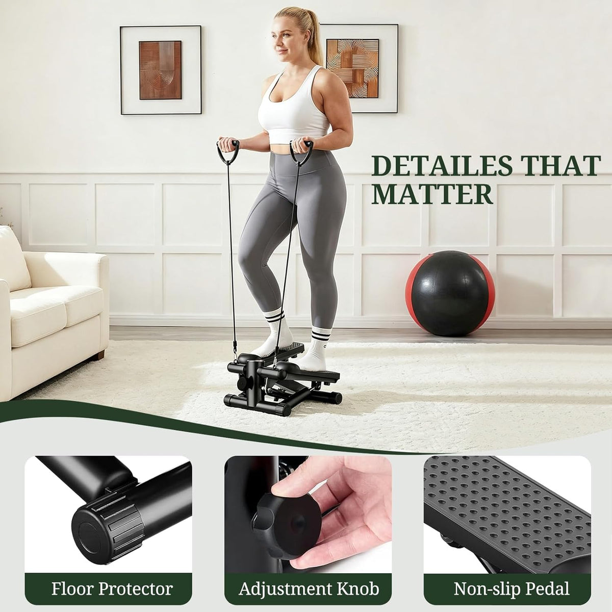Skiennix Mini Stair Stepper - Portable Exercise Machine with Resistance Bands & LCD Monitor | Black