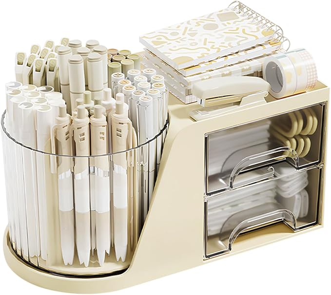 Desk Organizer with Rotating Pencil Pen Holder and 2 Small Drawers, Desk Caddy for Office Workspace Organization and Storage (Beige)