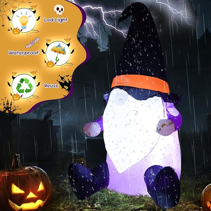 4FT Gnome Halloween Inflatable Helloween Goblin Decoration Halloween Blow Up Decor with LED Lights Indoor Outdoor Graden Yard Party Holiday Decor