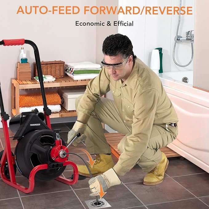 75Ft x 1/2 Inch Drain Cleaner Machine, Electric Drain Snake with 6 Cutters Gloves, Electric Drain Clog Remover Plumbing Tool for 2 to 4 in Pipes, Auto Feed Sewer Snake Auger Drain Auger Cleaner