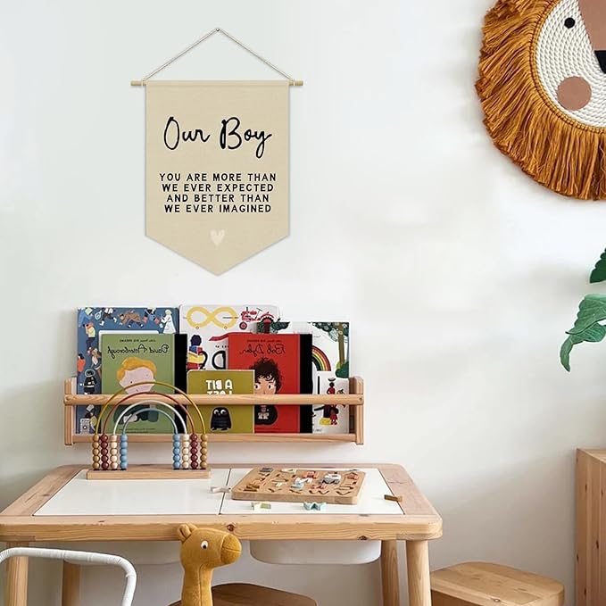 Boys Room Decor, Boy Nursery Linen Canvas Banner, You Are More Than We Ever Expected Neutral Wall Hanging Pennant Flag Banner for Boys Kids Toddler Room Bedroom Playroom Decor, 15x11in