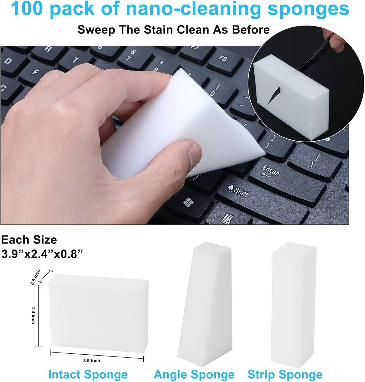 100 Pack Magic Sponge Eraser,Multi-Functional Household Cleaning Kitchen Dish Sponge for Furniture,Extra Thick and Long Lasting Melamine Cleaning Sponges for Bathroom,Bathtub, Wall Cleaner (100)