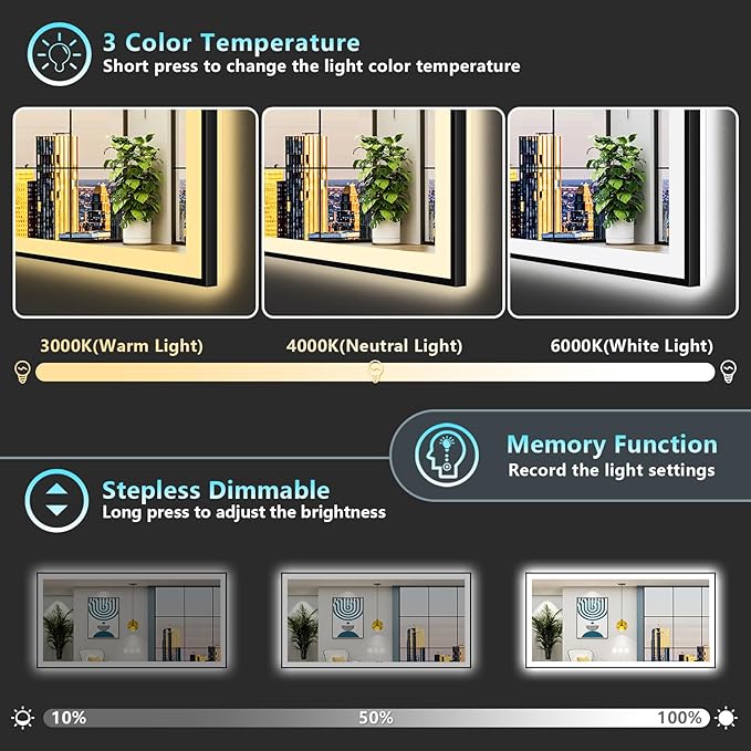 77x36 Black Framed LED Bathroom Mirror