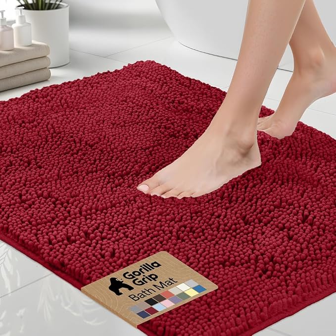 GORILLA GRIP Bath Rug Mat 60x24, Thick Soft Absorbent Chenille, Quick Dry Microfiber Mats, Rubber Backing Washable Shower Floor Rugs, Bathmat Runner, US Designed Bathroom Home Decor Accessories Red