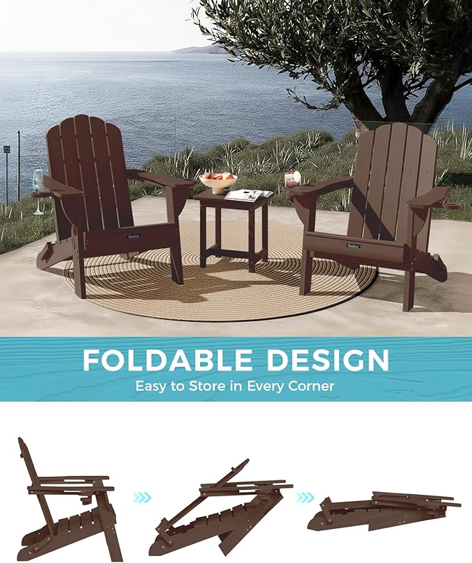 Adirondack Chairs Set of 4, Foldable Adirondack Chairs with 2 Cup Holder, Wood Texture HDPE Fire Pit Chairs, Outdoor Lawn Chair for Patio Garden, Brown
