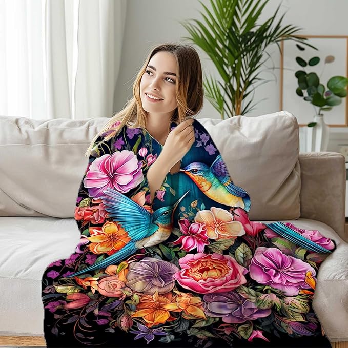 Firmiso Hummingbird Throw Blanket, Hummingbird Gifts for Women, Bird Blanket for Home Decor, Soft Lightweight Fleece, Washable No-Pilling, Single Sided, Hand/Machine Wash, 50x60 Inches