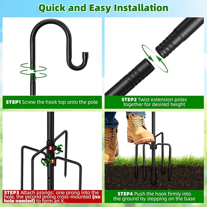COCONUT 78" Heavy Duty Shepherds Hooks for Outdoor, Bird Feeder Pole with 5 Prong Base, Adjustable Height Shepherds Hook for Hummingbird Feeder, Bird Feeder, Plant, Wind Chimes, Lanterns (1 Pack)