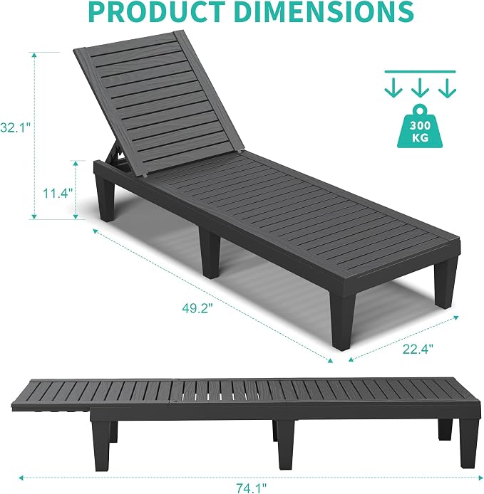 Outdoor Chaise Lounge Chairs Set of 2, 5-Position Adjustable Tanning Lounge Chairs with Wood Texture, All-Weather Resin Patio Lounge Chair for Pool, Garden, Deck, Beach, Striped Black