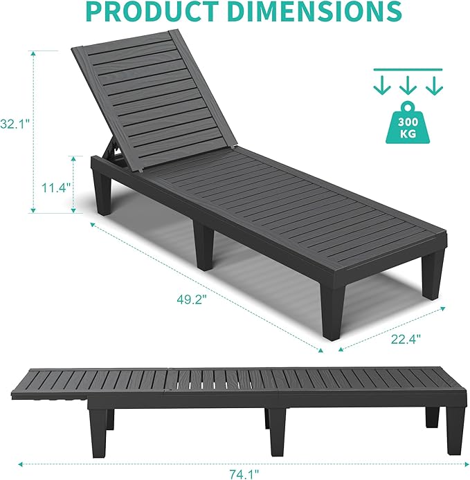 Outdoor Lounge Chair Set of 2, 5-Positions Adjustable Patio Chaise Lounges, Waterproof Tanning Chairs for Poolside, Backyard, Scratch-Resistant & Easy to Clean (Black Striped, Set of 2)