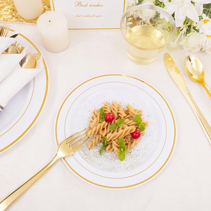 DaYammi 350PCS Gold Plastic Dinnerware Set for 50 Guests, Thanksgiving Plates Disposable, Include: 50 Dinner Plates, 50 Dessert Plates, 50 Pre Rolled Napkins with Gold Silverware, 50 Cups