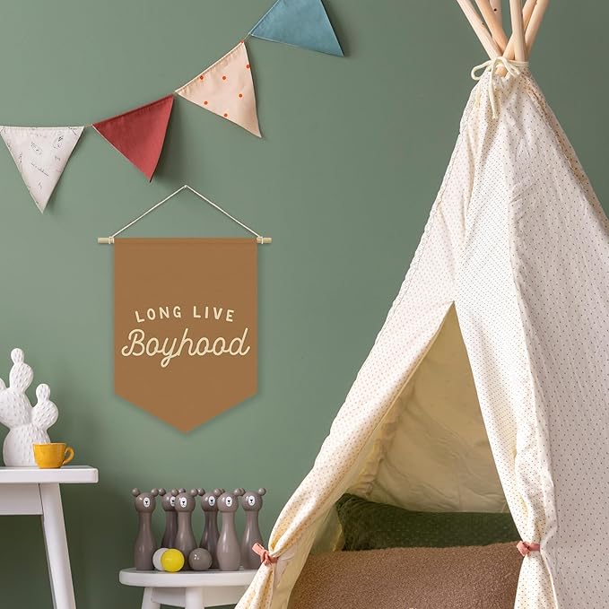 Fall Room Decor,Long Live Boyhood Boy Room Canvas Banner Nursery Playroom Wall Decor for Boys Bedroom Toddler Decorations Teen Boy Room Decor,Playroom Decor Wall Hanging Flag 15x11 Inch（Brown)