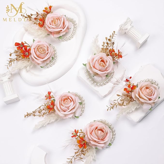 Meldel Pink Velvet Rose Wrist Corsage, Set of 6, Wedding Bridal Flower Corsage Hand Decor for Prom Party Homecoming, Wristband Flowers Bride, Bridesmaid, Girl,Mother of The Bride Corsage