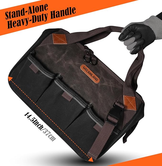 WELKINLAND 18 Pockets Electrician Tools Bag,14" Heavy Duty Plumber Tool Bags, Waxed Canvas Tools Bags, Large-Opening Tool Bags For Men, 25L Hand Tools Bag With Zipper