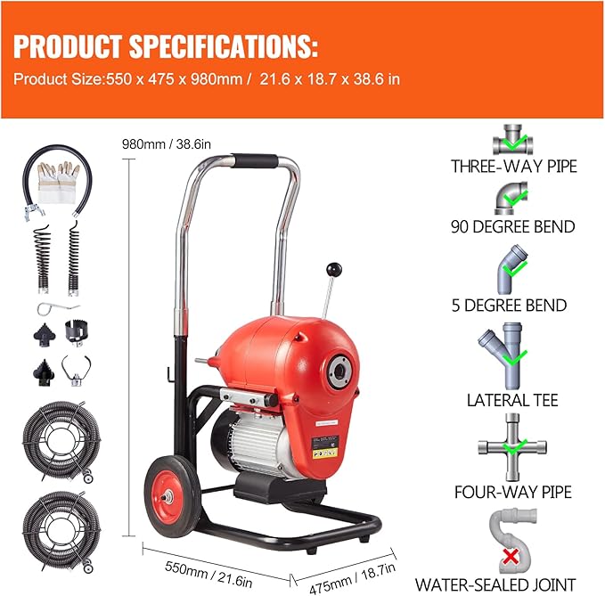 Happybuy Drain Cleaner Machine 120FT x 6/5 Inch - Powerful Unclogging Solution,1100W Electric Sewer Snake Auger Manual Feed - with 6 Cutters and CW/CCW Control for 4" to 8" Pipes