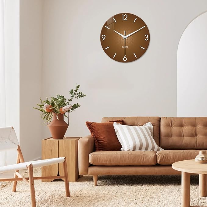 XFM Brown Wall Clock 12 Inch Modern Silent Wall Clocks Battery Operated Round