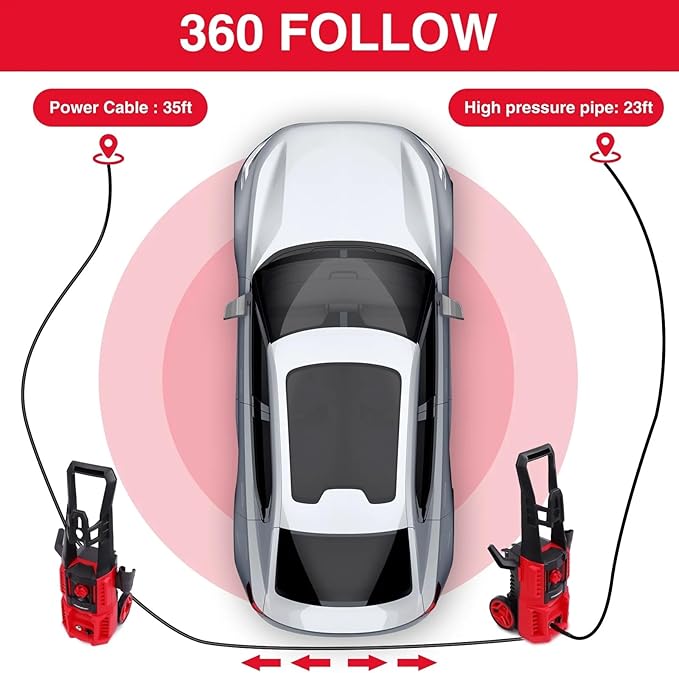 Electric Pressure Washer, 1850 PSI Max,1.0 GPM, 5" Wheels, 18M Cord/Hose Length Max, Power Washer for Patio, Car, Driveway, Fence & Home Cleaning