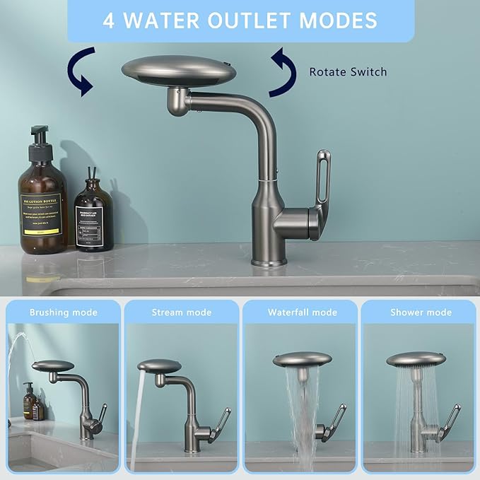 Bathroom Sink Faucet 1 Hole, Gunmetal Grey Multifunctional Basin Faucet with 4 Water Outlet Modes, Modern 360°Rotatable Bar Tap with Two Water Supply Pipes