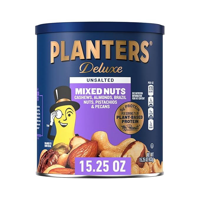 PLANTERS Unsalted Mixed Nuts, Cashews, Pistachios, Almonds, Brazil Nuts, and Pecans, Plant-Based Protein Snacks, 15.25 oz Canister