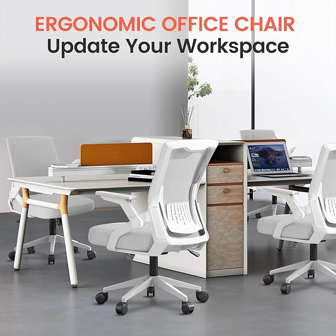 GTPLAYER Ergonomic Office Chair with Flip-up Armrests Executive Computer Chair for Home Office, Breathable Mesh & Comfy Lumbar Support, Wide Seat Gray