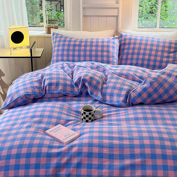 FACE TWO FACE Bedding Duvet Cover Set100% Washed Cotton Duvet Cover Linen Like Textured Breathable Durable Soft Comfy (King, Blue Purple Grid)