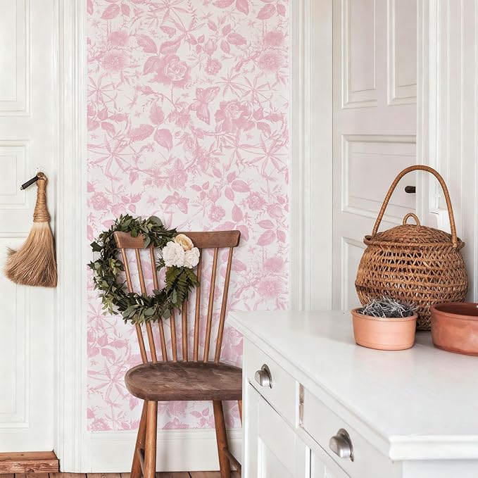 JiffDiff Floral Vintage Wallpaper Peel and Stick，Pink Rose Wallpaper Removable
