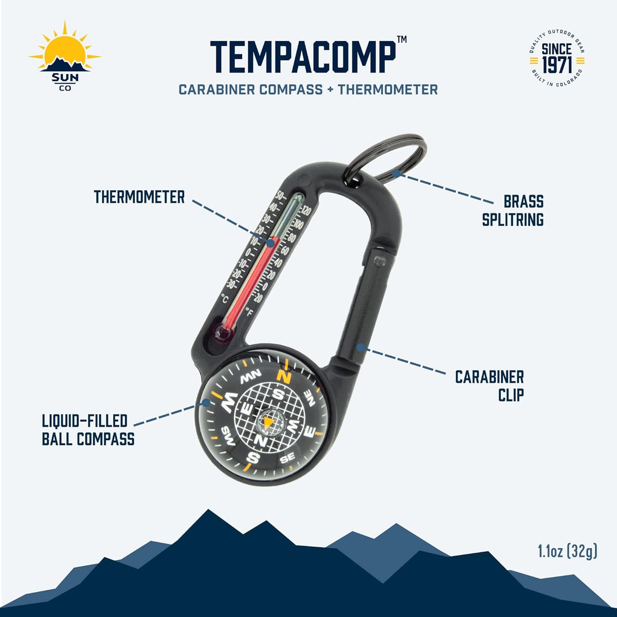 Sun Company TempaComp - Ball Compass and Thermometer Carabiner | Essential Hiking & Camping Accessory | Clips to Pack or Jacket