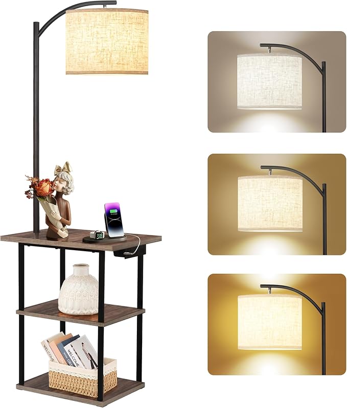 PESRAE Floor Lamp with Table,Lamps for Nightstand with Charging Station(USB & Type-C & AC Port), 3 Color Temperatures 9W LED Bulb, Modern Shelves Side Table for Bedroom, Office