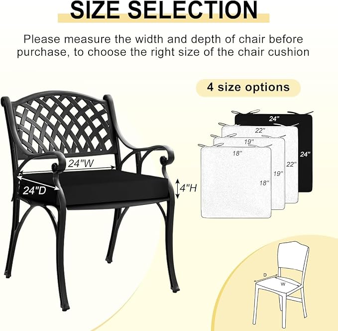 downluxe Waterproof Outdoor Chair Cushions for Patio Furniture, 24" x 24" x 4" Patio Chair Cushion with Adjustable Ties & Portable Handle, Square Outdoor Cushion with Removable Cover, Black, 2 Pack