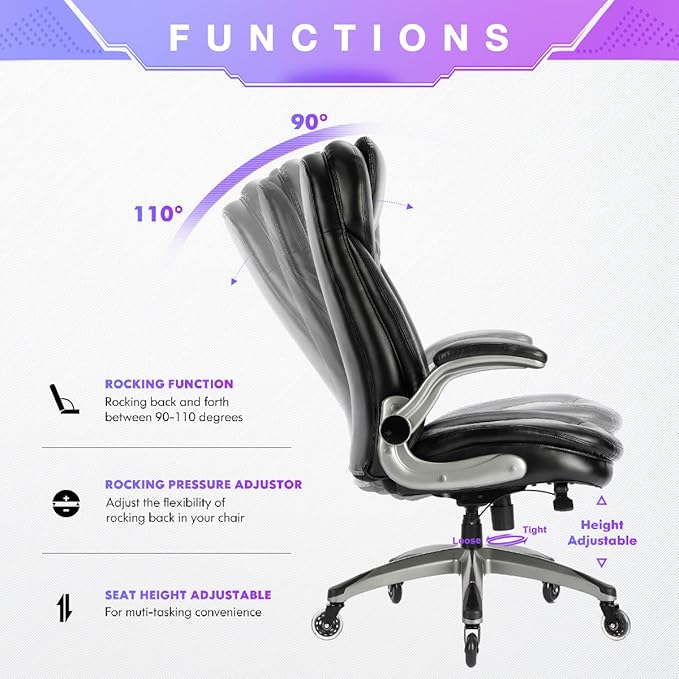 COLAMY Executive Office Chair, Bonded Leather Desk Chair with Flip-Up Arms, Lumbar Support, Ergonomic Tilt & Tension Control for Home Office