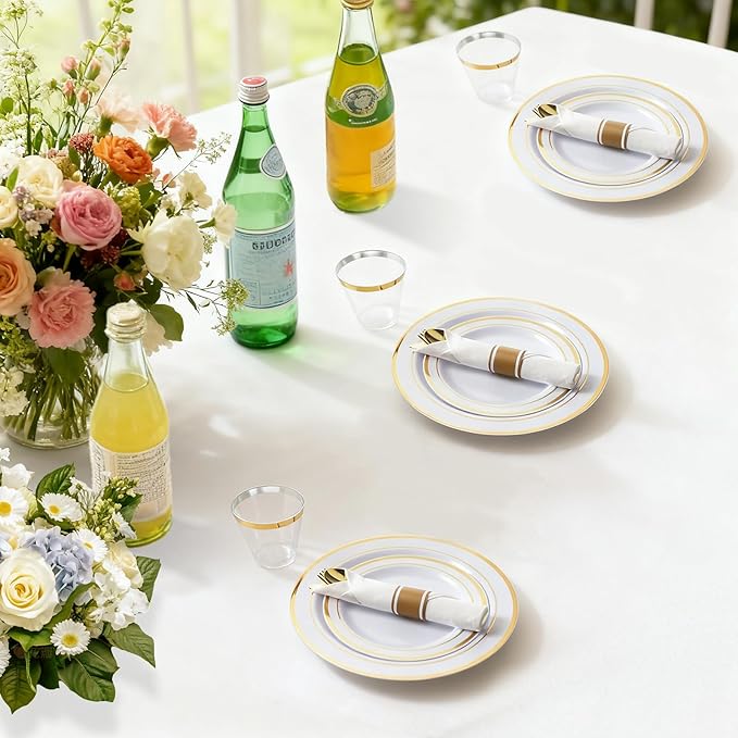350 Piece Gold Dinnerware Set,100 Plastic Plates, 50 Cups,50 Pre Rolled Napkins with Plastic Silverware, Disposable Gold Dinnerware Set for 50 Guest