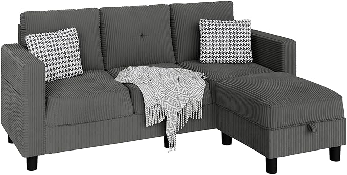 JAMFLY Convertible Sectional Couches for Living Room, L-Shaped Couch 3 Seat Sectional Sofa Set with Corduroy Fabric and Movable Ottoman Small Couch for Apartments, Office（Dark Grey）