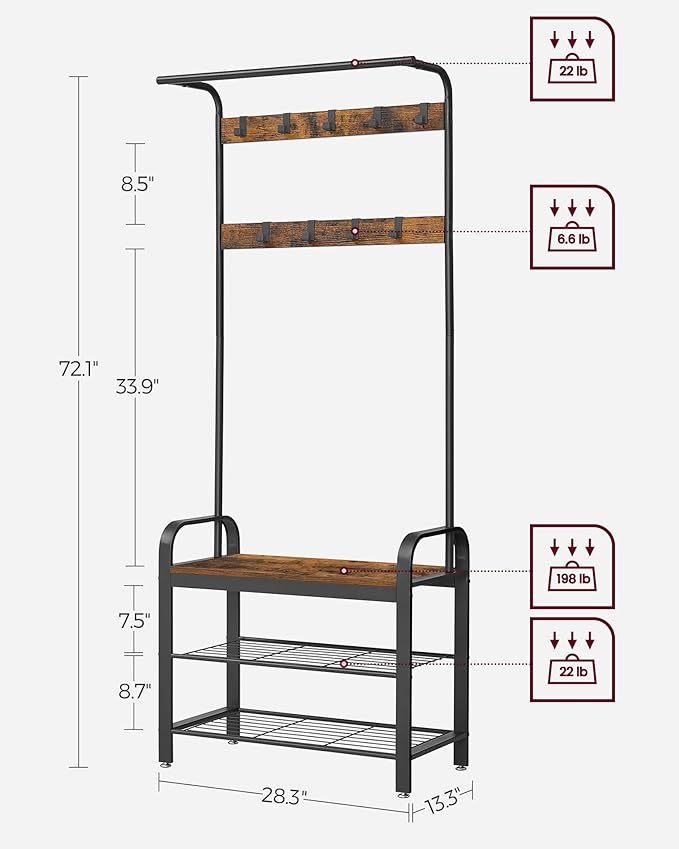 VASAGLE Coat Rack, Hall Tree with Shoe Bench for Entryway, Entryway Bench with Coat Rack, 4-in-1, with 9 Removable Hooks, a Hanging Rod, 13.3 x 28.3 x 72.1 Inches, Rustic Brown and Black UHSR40B