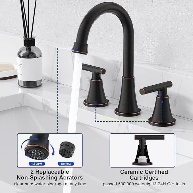 Bathroom Faucets for Sink 3 Hole, Hurran Oil Rubbed Bronze Bathroom Sink Faucet with Pop-up Drain and Supply Lines, Stainless Steel Lead-Free Widespread Faucet for Vanity RV Farmhouse