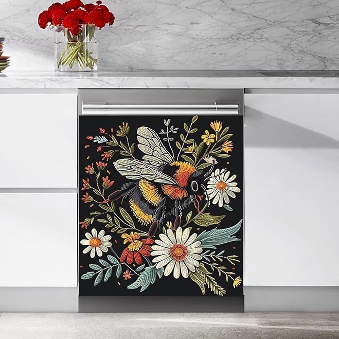 Flower and Bee Pattern Dishwasher Magnet Cover Sticker,Refrigerator Magnet Cover Decal Fridge Magnetic Stickers Home Kitchen Decor,23W x 26H inchs