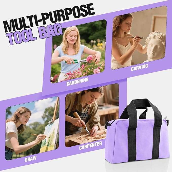 Small Tool Bag, Canvas Tool Storage Bag, Large Capacity Multipurpose Zipper Soft Tote Organizer Pouch for Electrician, Plumbing, Gardening,Tools Bags for Men (Purple, 14 Inch)