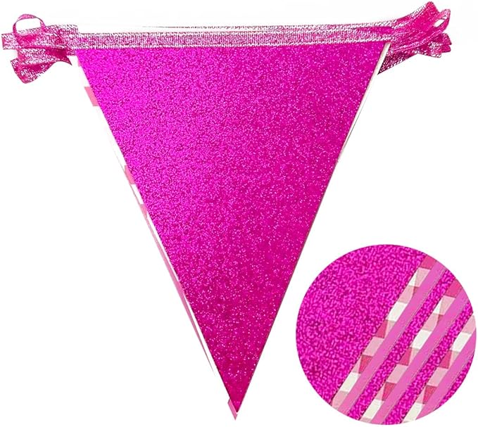 Hot Pink Buffalo Plaid Party Decorations Pennant Banner Flag Hot Pink Glitter Paper Triangle Hanging Bunting for Birthday Bachelorette Baby Shower Anniversary Wedding Bridal Shower Hen Party Supplies