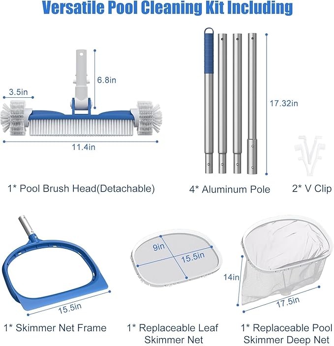 CKE Swimming Pool Cleaning Kit, Including Telescoping Swimming Pool Pole, 18.5" Rotatable Pool Brush Head, Fine Mesh Leaf Skimmer Net, 2-in-1 Pool Skimmer Net for Inground & Above Ground Pools