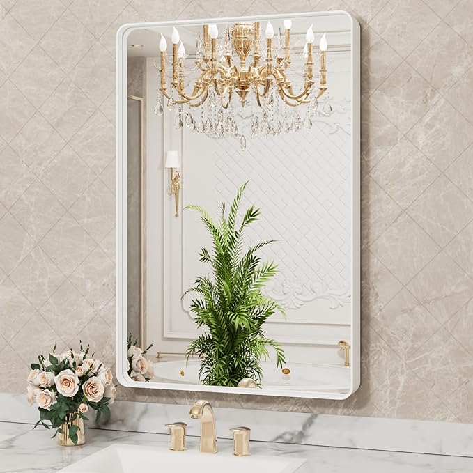 LOAAO 32x36 Inch White Metal Framed Bathroom Mirror
